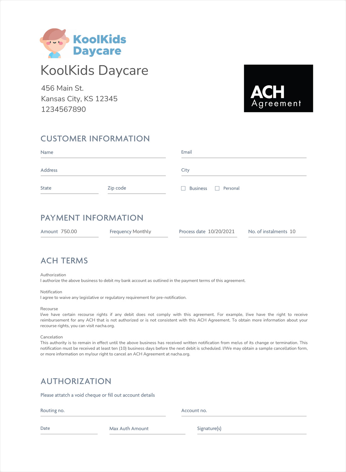 ACH authorization form sample image - daycare