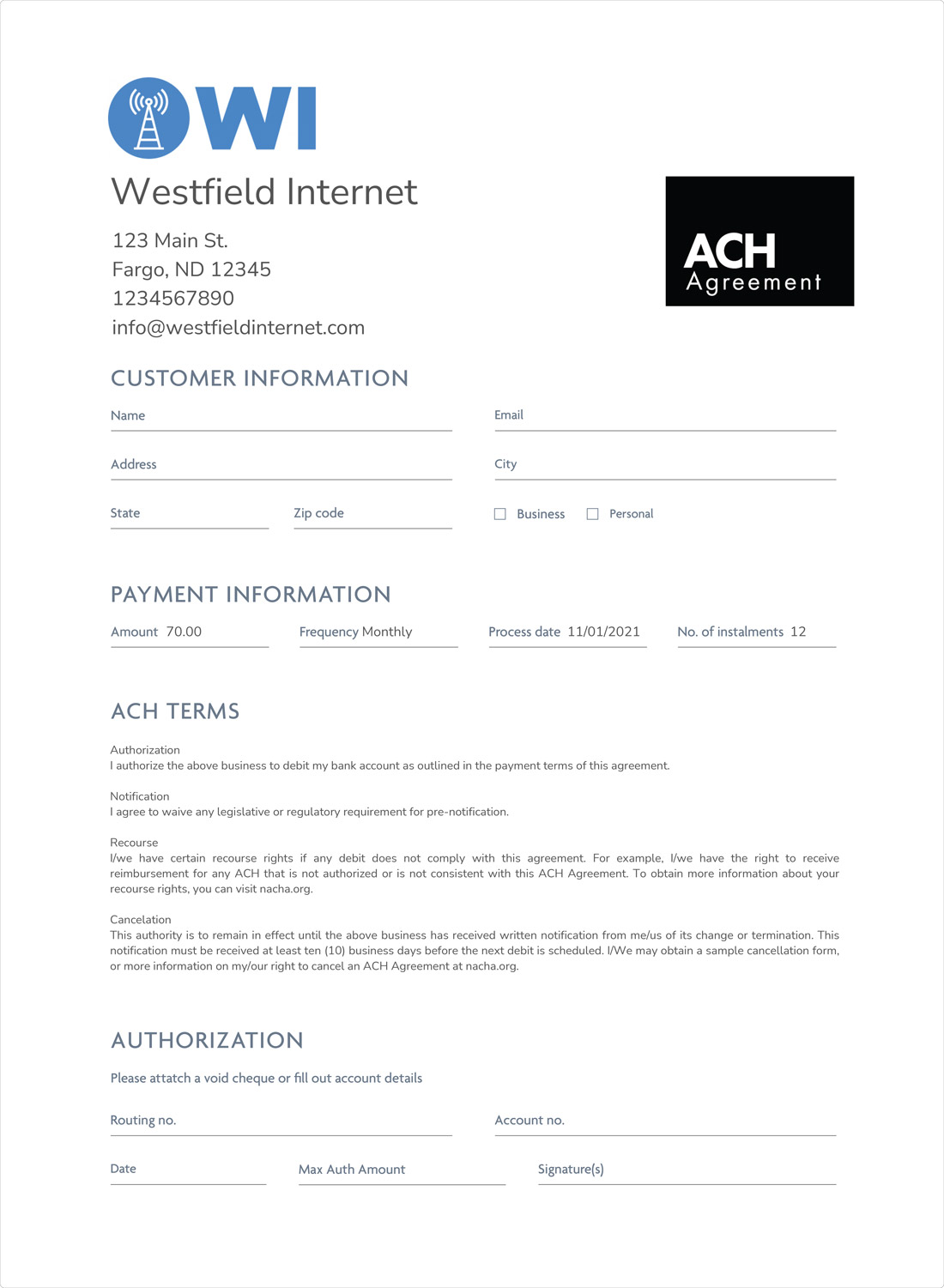 ACH authorization form sample image - internet service provider