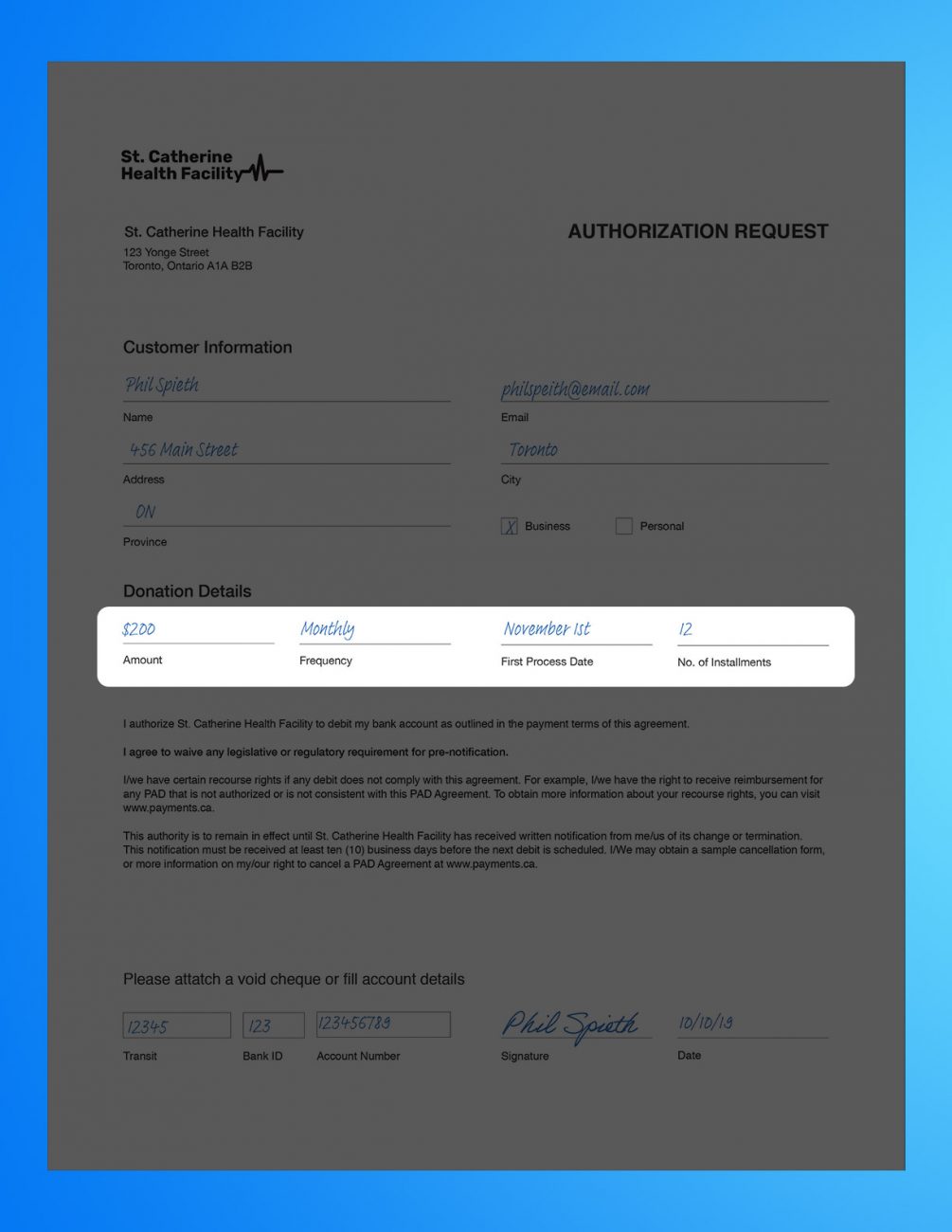 Pre authorized debit form example 1