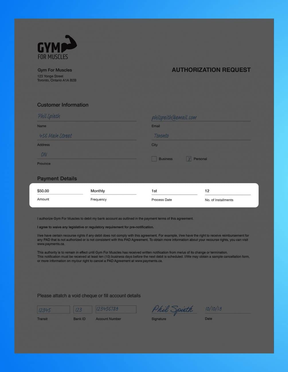 Pre authorized debit form example 2