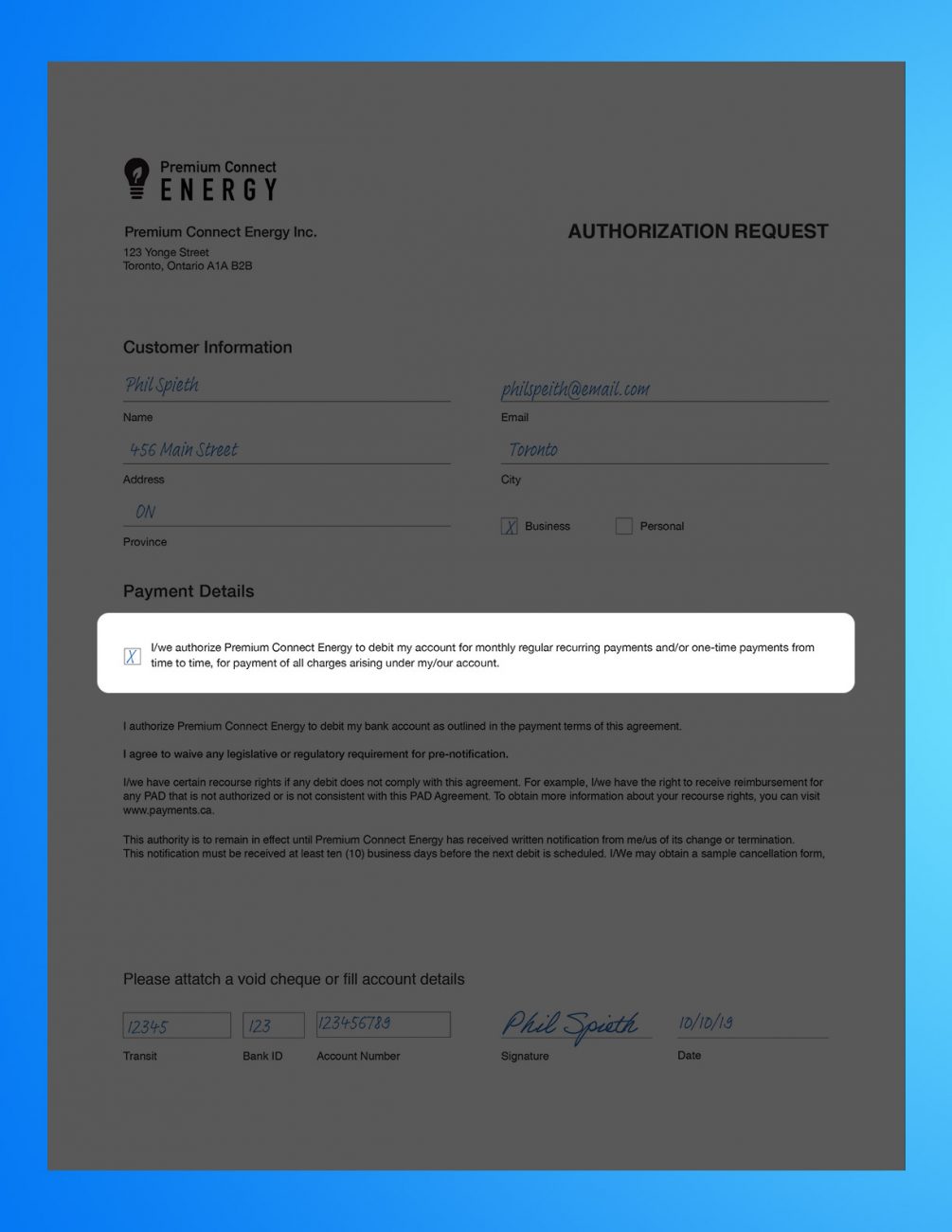 Pre authorized debit form example 3
