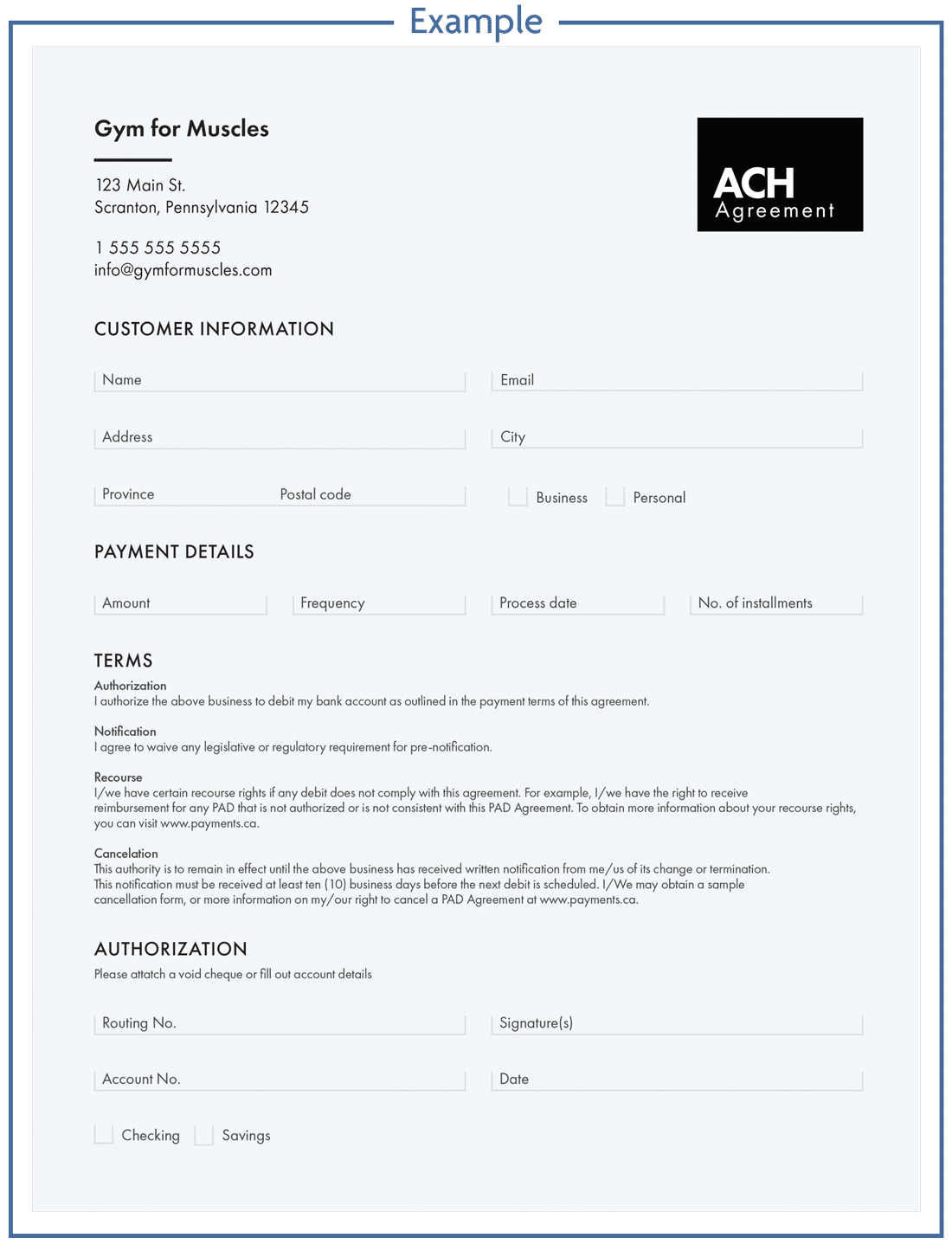 ACH payment authorization example document