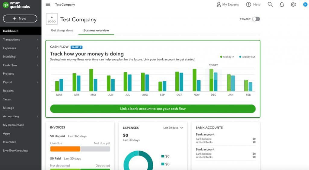 QuickBooks Online dashboard