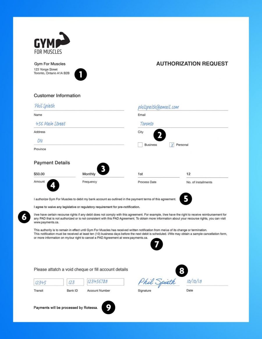 A pre-authorized debit agreement with numbered pins next to various parts of the form.