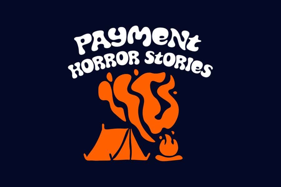 "Payment Horror Stories", with a graphic of a tent and campfire