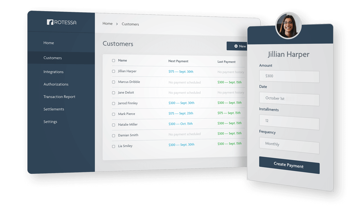 Rotessa Payments screenshot displaying upcoming transactions and customer's PAD/ACH authorization profile