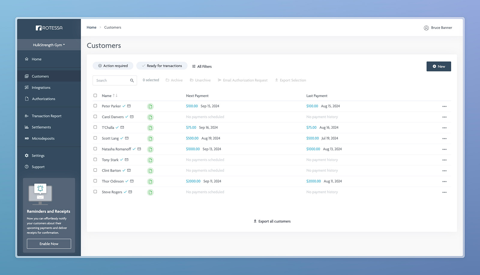 Screenshot of Rotessa PAD payment processor's app interface