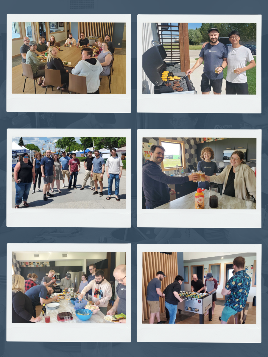 Various photos of the Rotessa team enjoying food together or spending time outside or playing foosball