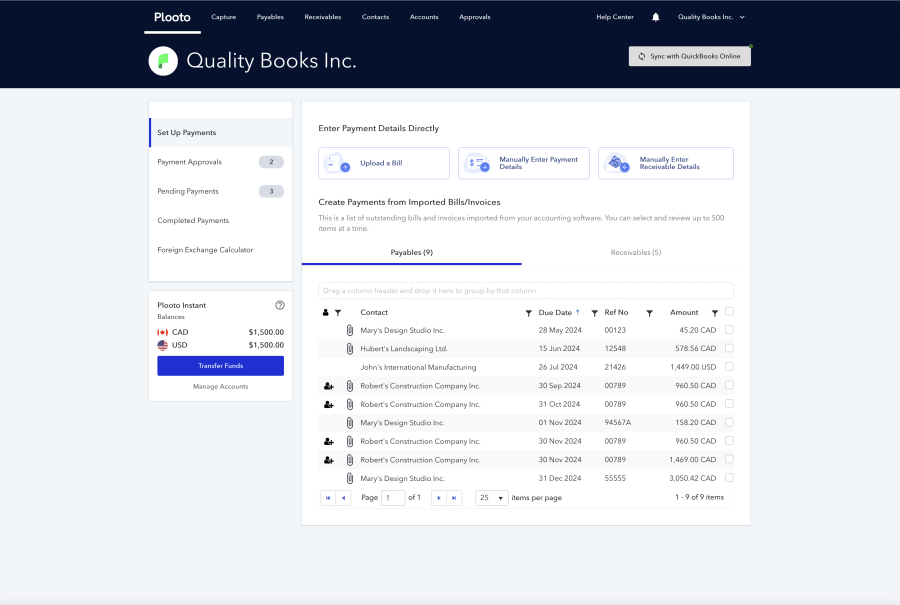 The Plooto "Set Up Payments" dashboard, displaying a list of contacts with amount and due dates listed