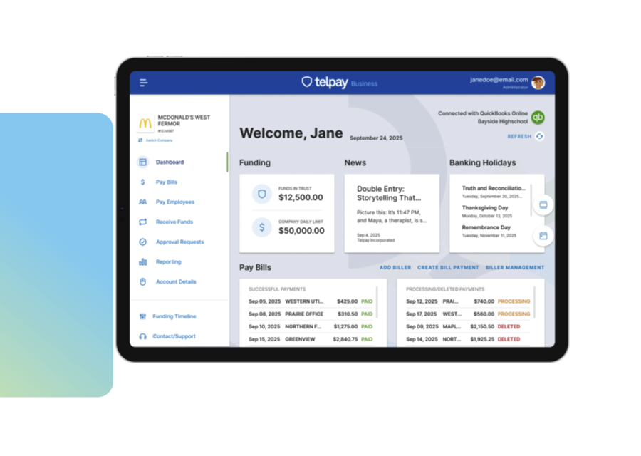 The TelPay dashboard, showing an overview of the upcoming transactions and various totals