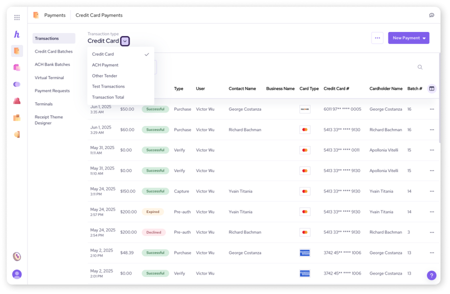 The Helcim dashboard, outlining a list of transactions, indicating the amount and the status of the payment